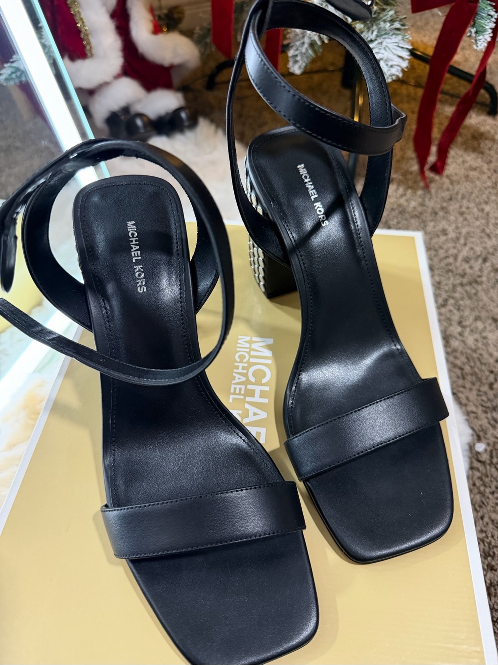 Michael Kors Black Leather Strappy Block Heel Sandals